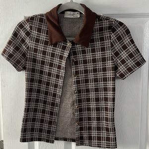 Checkered autumn fall brown collared top